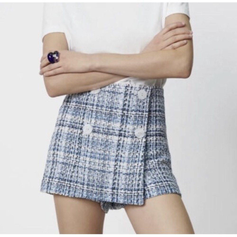 ZARA Textured‎ Tweed Double Breasted Blue Skort Size XS